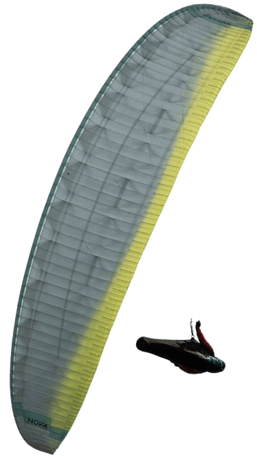 Nova Codex, the main character of the new touch and go paragliding website, with an impressive paraglider - a symbol of adventure and freedom in the air.