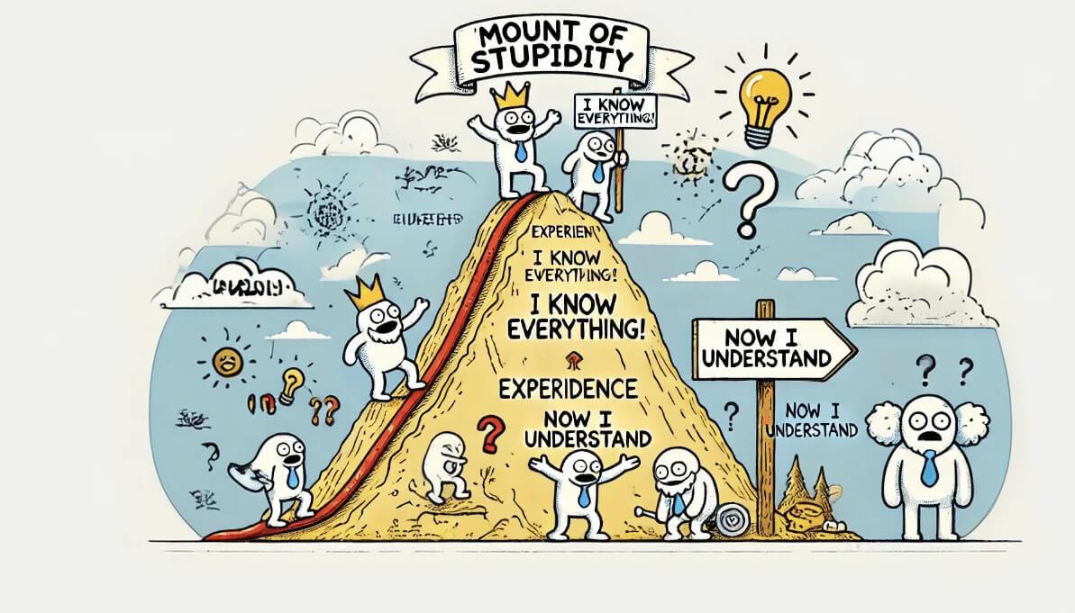 The "Mount of Stupidity" as a metaphor for the Dunning-Kruger effect that can occur in paragliding when beginners overestimate what they already know.