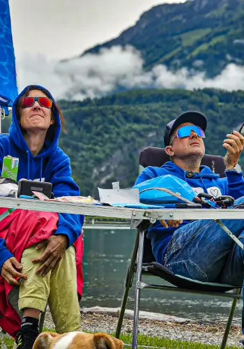 Siku leader of touch and go Paragliding concentrates on training and observing participants during safety training on the Urmiberg in central Switzerland.