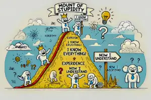 The "Mount of Stupidity" as a metaphor for the Dunning-Kruger effect that can occur in paragliding when beginners overestimate what they already know.