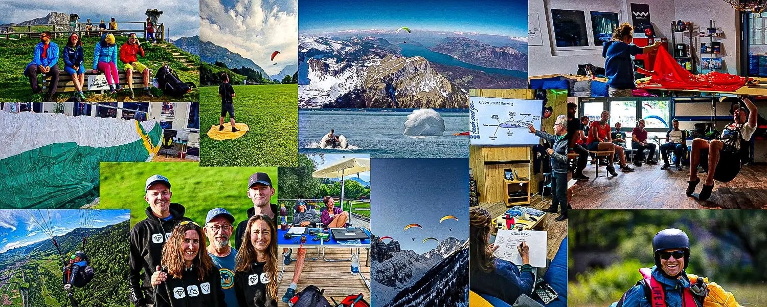 Various services from touch and go paragliding in Central Switzerland: tandem flights, training, safety training, emergency paraglider and paraglider maintenance and the team.