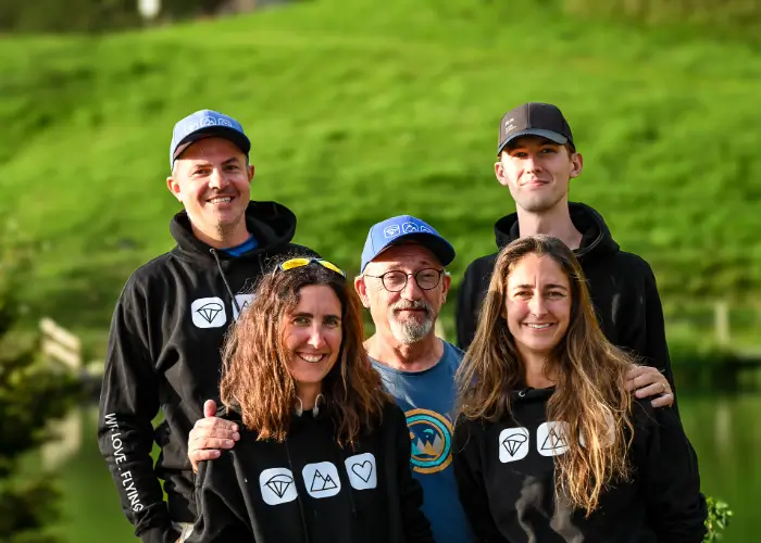 The core team of touch and go Paragliding: Gabor Kezi, Eva Maranta, Stephen Oliver, Leon Schonert and Anine Janse van Vuuren