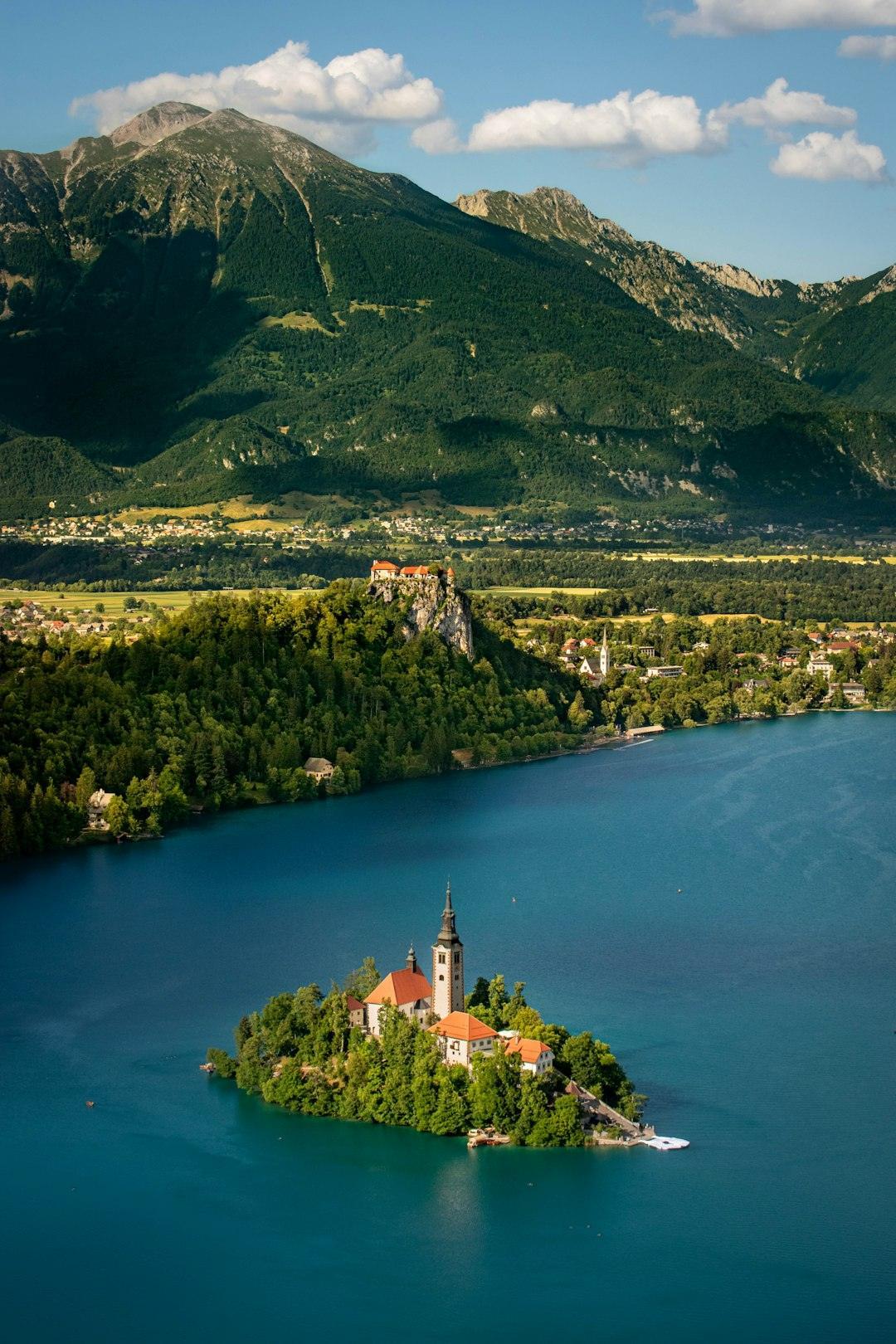 Kleine Insel mit einer weißen Kirsche im Fluss, vor einer Berglandschaft im Soča-Tal, Slowenien.